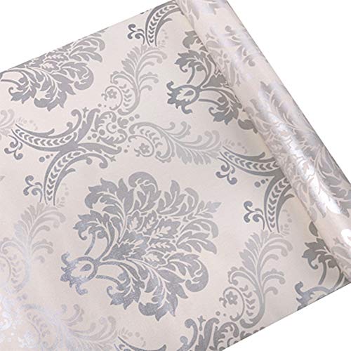 Emoyi Silver Damask Pattern Self-Adhesive Paper for Shelf Liner Peel Stick Wallpaper Counter top Sticker 17.7''x78''