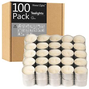 homelights tealight candles – 8 hour long time burning, giant 100,200,300 packs -white smokeless european tea light unscented candles for shabbat, weddings, christmas,home decorative -100 pack