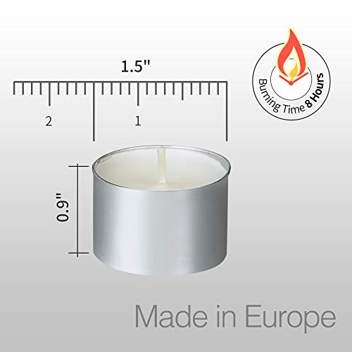 HomeLights Tealight Candles - 8 Hour Long time Burning, Giant 100,200,300 Packs -White Smokeless European Tea Light Unscented Candles for Shabbat, Weddings, Christmas,Home Decorative -100 Pack