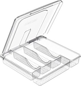 cdwmj silverware organizer for drawer & countertop with lid, plastic flatware cutlery tray with 5 compartments, dustproof portable kitchen utensil holder