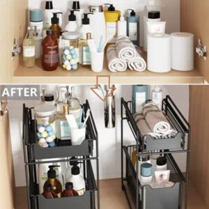 2 Pack - Simple Gear Heavy Duty 2-Tier Under Sink Cabinet Organizers with Sliding Storage Drawer, Pull Out Cabinets Organizer Shelf for Kitchen Bathroom Cabinet or Pantry (Black-2 Pack)