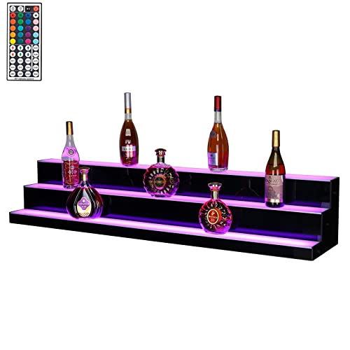 ROVSUN 3 Step 60 Inch LED Lighted Liquor Bottle Display Shelf with Remote Control, Acrylic Illuminated Bar Shelves Lighted Drinks Lighting Shelves for Liquor Bottles Commercial Home Bar Accessories