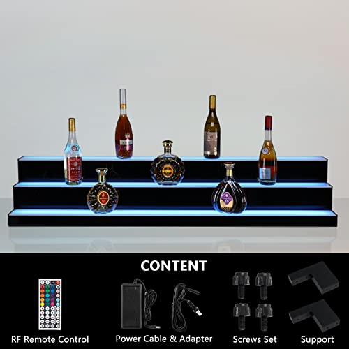 ROVSUN 3 Step 60 Inch LED Lighted Liquor Bottle Display Shelf with Remote Control, Acrylic Illuminated Bar Shelves Lighted Drinks Lighting Shelves for Liquor Bottles Commercial Home Bar Accessories