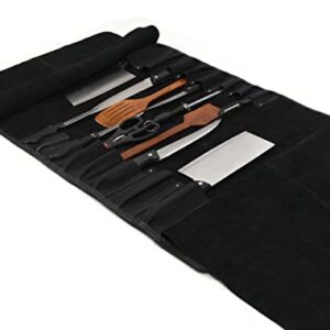 Aaron Leather Goods Leather Knife Roll Storage Bag | Elastic and Expandable 10 Pockets | 6 Leather Pocket | Travel-Friendly Chef Knife Case Roll (Raven, Leather)