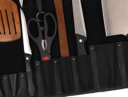 Aaron Leather Goods Leather Knife Roll Storage Bag | Elastic and Expandable 10 Pockets | 6 Leather Pocket | Travel-Friendly Chef Knife Case Roll (Raven, Leather)