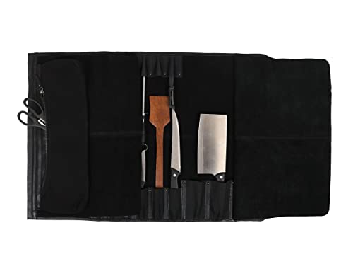 Aaron Leather Goods Leather Knife Roll Storage Bag | Elastic and Expandable 10 Pockets | 6 Leather Pocket | Travel-Friendly Chef Knife Case Roll (Raven, Leather)