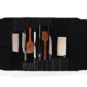 Aaron Leather Goods Leather Knife Roll Storage Bag | Elastic and Expandable 10 Pockets | 6 Leather Pocket | Travel-Friendly Chef Knife Case Roll (Raven, Leather)