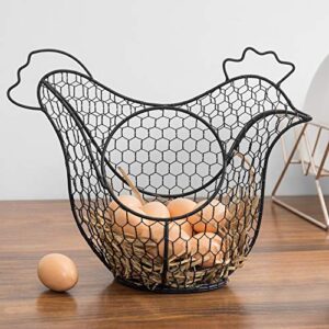 mygift black metal chicken shaped egg gathering basket holder, farmhouse kitchen décor countertop storage basket