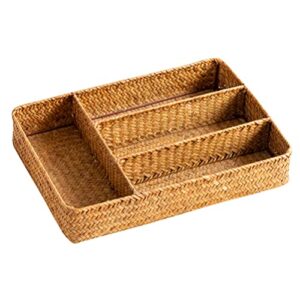 STOBOK 1Pc Woven Kitchen Drawer, Organizer Rattan Utensil Tray Silverware Tray Cutlery Storage Basket Compartment Forks Spoon Storage Tray for Home