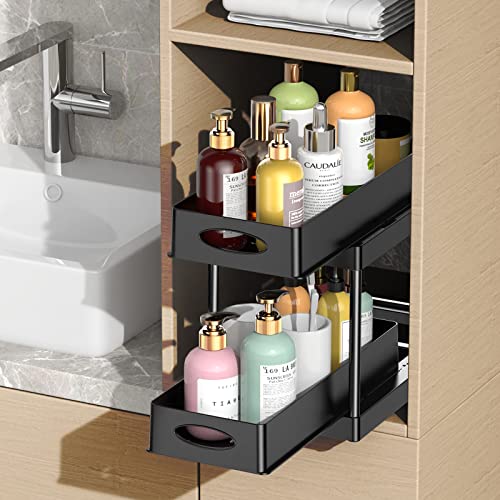 2PACK Double Sliding Cabinet Organizer, Under Sink Organizers and Storage, 2 Tier Kitchen Organization with 6 Hooks, Bathroom Countertop Organizer, Pull Out Cabinet Organizer Baskets