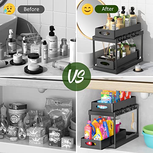 2PACK Double Sliding Cabinet Organizer, Under Sink Organizers and Storage, 2 Tier Kitchen Organization with 6 Hooks, Bathroom Countertop Organizer, Pull Out Cabinet Organizer Baskets