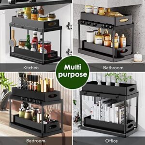 2PACK Double Sliding Cabinet Organizer, Under Sink Organizers and Storage, 2 Tier Kitchen Organization with 6 Hooks, Bathroom Countertop Organizer, Pull Out Cabinet Organizer Baskets