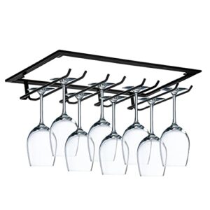 wine glasses rack under cabinet stemware rack, wire wine glass holder storage hanger for cabinet kitchen bar, 4 rows black metal wine glasses hanger