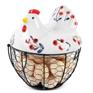 Flexzion Chicken Egg Basket - Wire Chicken Egg Basket with Ceramic Chicken Cover and Handles - Rustic Country Farmhouse Decor Countertop Egg Holder, Rustic Cherry