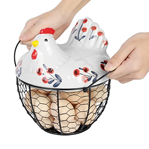 Flexzion Chicken Egg Basket - Wire Chicken Egg Basket with Ceramic Chicken Cover and Handles - Rustic Country Farmhouse Decor Countertop Egg Holder, Rustic Cherry