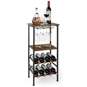 eteli wine rack table freestanding floor wood wine bottles storage with shelves hold 8 wine bottles and 9 goblets industrial small wine display stand for dining room kitchen,brown