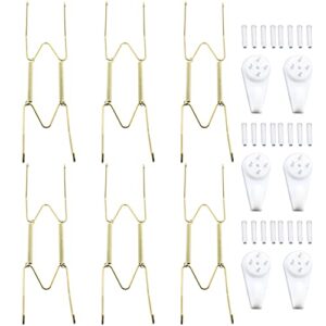 heyous plate hanger 6pcs 8 inch wall plate hangers and 6pcs wall hooks for 7.5 to 8.5 inch decorative plates, antique china, antique plates and arts, golden