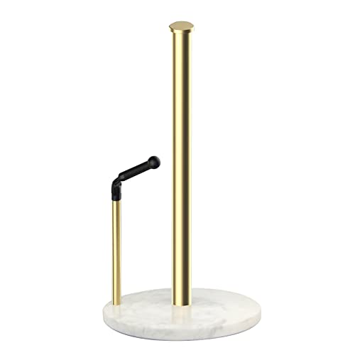 Gold Paper Towel Holder Countertop with Heavy Marble Base,Tension Arm Standing Paper Towel Rack for Easy One-Handed Operation,Rusts-Proof Sturdy,Fits in Kitchen or for Bathroom