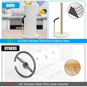 Gold Paper Towel Holder Countertop with Heavy Marble Base,Tension Arm Standing Paper Towel Rack for Easy One-Handed Operation,Rusts-Proof Sturdy,Fits in Kitchen or for Bathroom