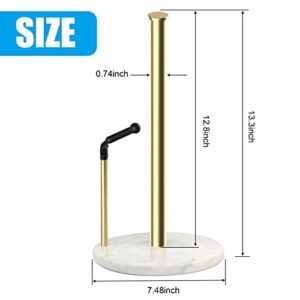 Gold Paper Towel Holder Countertop with Heavy Marble Base,Tension Arm Standing Paper Towel Rack for Easy One-Handed Operation,Rusts-Proof Sturdy,Fits in Kitchen or for Bathroom