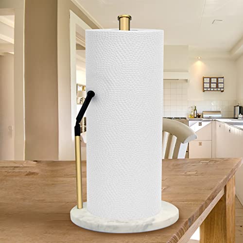 Gold Paper Towel Holder Countertop with Heavy Marble Base,Tension Arm Standing Paper Towel Rack for Easy One-Handed Operation,Rusts-Proof Sturdy,Fits in Kitchen or for Bathroom