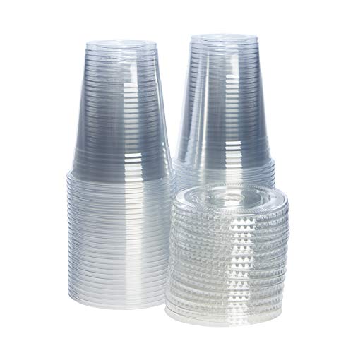 Comfy Package [100 Sets] 16 oz. Crystal Clear Plastic Cups With Flat Lids