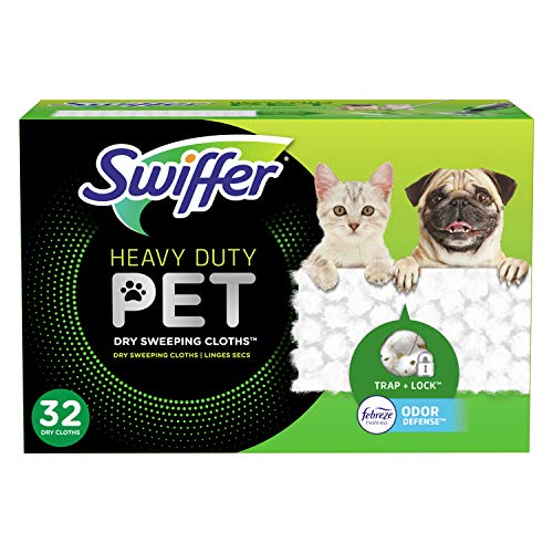 Swiffer Sweeper Pet, Heavy Duty Dry Sweeping Cloth Refills with Febreze Odor Defense, 32 Count