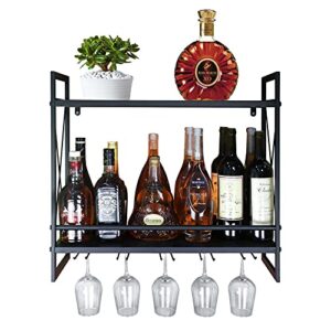 flrh wine racks wall mounted, 24.2in black metal multipurpose shelf hung bracket with glass holder, 2-tiers wall mount bottle holder glass rack