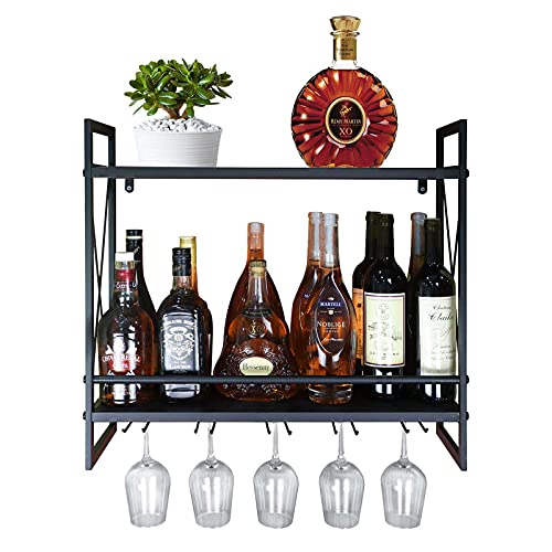 FLRH Wine Racks Wall Mounted, 24.2in Black Metal Multipurpose Shelf Hung Bracket with Glass Holder, 2-Tiers Wall Mount Bottle Holder Glass Rack