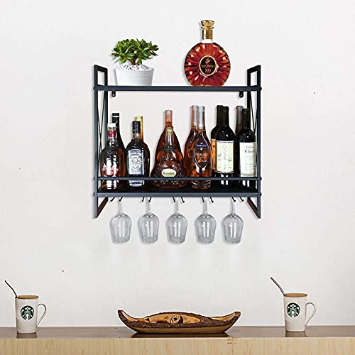 FLRH Wine Racks Wall Mounted, 24.2in Black Metal Multipurpose Shelf Hung Bracket with Glass Holder, 2-Tiers Wall Mount Bottle Holder Glass Rack