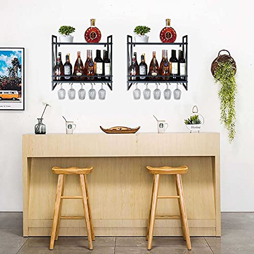 FLRH Wine Racks Wall Mounted, 24.2in Black Metal Multipurpose Shelf Hung Bracket with Glass Holder, 2-Tiers Wall Mount Bottle Holder Glass Rack