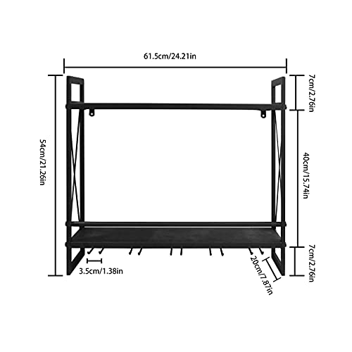 FLRH Wine Racks Wall Mounted, 24.2in Black Metal Multipurpose Shelf Hung Bracket with Glass Holder, 2-Tiers Wall Mount Bottle Holder Glass Rack