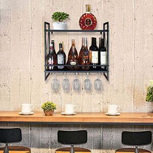 FLRH Wine Racks Wall Mounted, 24.2in Black Metal Multipurpose Shelf Hung Bracket with Glass Holder, 2-Tiers Wall Mount Bottle Holder Glass Rack