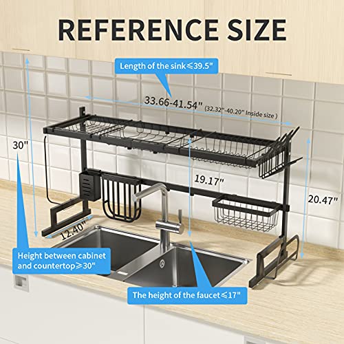 ALPTHY Over The Sink Dish Drying Rack, (33.5"-39.5") Dish Rack with 2 Plate Rack for Kitchen Organization, Width Adjustable Dish Drainer Kitchen Sink Organizer Space Saver Dish Dryer Rack