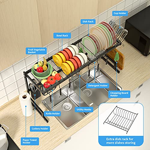 ALPTHY Over The Sink Dish Drying Rack, (33.5"-39.5") Dish Rack with 2 Plate Rack for Kitchen Organization, Width Adjustable Dish Drainer Kitchen Sink Organizer Space Saver Dish Dryer Rack