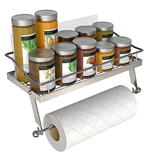 GeekDigg Paper Towel Holder with Shelf, Adhesive Wall Mount Paper Towel Holder for Kitchen & Bathroom, Stainless Steel, Durable Metal Wire, No Drilling