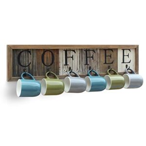 hbcy creations coffee mug holder with printed solid wood coffee sign, 6 coffee cup hooks with wooden coffee mug display and organizer – distressed coffee rack sign, 31.5″ wide