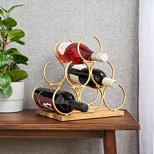 Twine Pyramid Rack, Holds 6 Standard Wine Bottles, Wood Base, Gold, Set of 1,10546