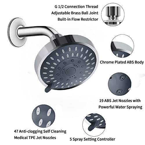 Shower Head High Pressure Rain Fixed Showerhead 5-Setting with Adjustable Metal Swivel Ball Joint - Relaxed Shower Experience Even at Low Water Flow & Pressure Aisoso
