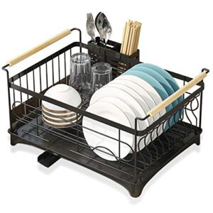 brian & dany dish drying rack with drip tray, stainless steel dish drainer with wooden handles and cutlery holder, 18.4 x 12.5 x 9 inches, black