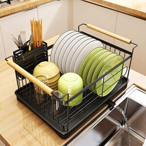 BRIAN & DANY Dish Drying Rack with Drip Tray, Stainless Steel Dish Drainer with Wooden Handles and Cutlery Holder, 18.4 x 12.5 x 9 inches, Black