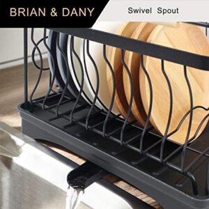 BRIAN & DANY Dish Drying Rack with Drip Tray, Stainless Steel Dish Drainer with Wooden Handles and Cutlery Holder, 18.4 x 12.5 x 9 inches, Black