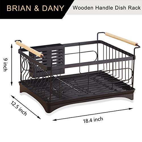 BRIAN & DANY Dish Drying Rack with Drip Tray, Stainless Steel Dish Drainer with Wooden Handles and Cutlery Holder, 18.4 x 12.5 x 9 inches, Black