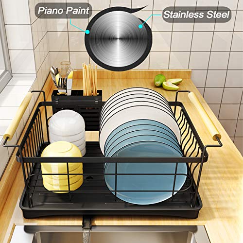 BRIAN & DANY Dish Drying Rack with Drip Tray, Stainless Steel Dish Drainer with Wooden Handles and Cutlery Holder, 18.4 x 12.5 x 9 inches, Black