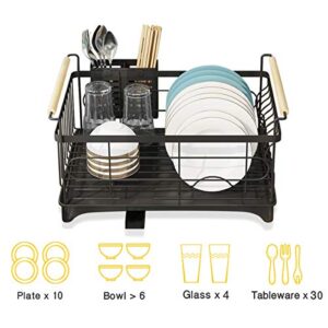 BRIAN & DANY Dish Drying Rack with Drip Tray, Stainless Steel Dish Drainer with Wooden Handles and Cutlery Holder, 18.4 x 12.5 x 9 inches, Black