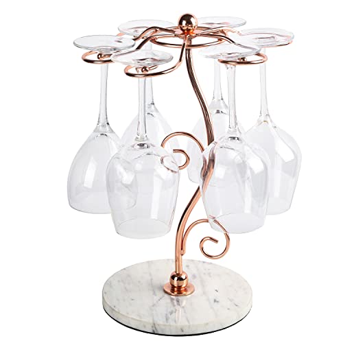 MyGift Countertop Wine Glasses Rack, Modern Copper Metal Wire Tabletop Stemware Holder Display Rack with White Marble Base