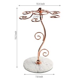 MyGift Countertop Wine Glasses Rack, Modern Copper Metal Wire Tabletop Stemware Holder Display Rack with White Marble Base