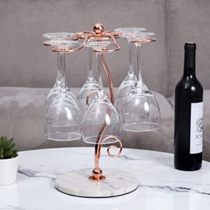 MyGift Countertop Wine Glasses Rack, Modern Copper Metal Wire Tabletop Stemware Holder Display Rack with White Marble Base