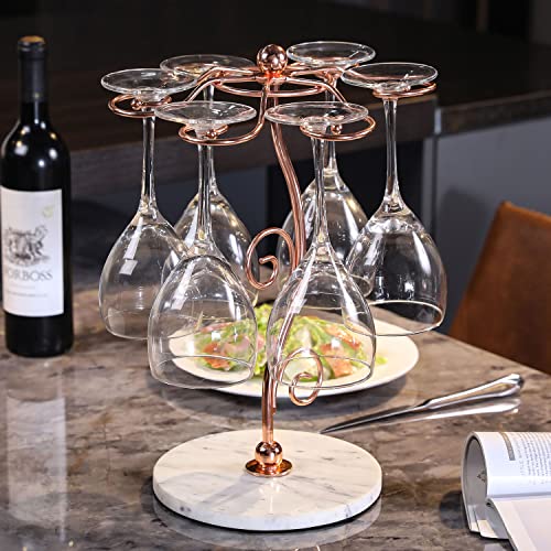 MyGift Countertop Wine Glasses Rack, Modern Copper Metal Wire Tabletop Stemware Holder Display Rack with White Marble Base