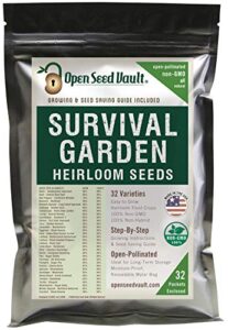 (32) variety pack survival gear food seeds | 15,000 non gmo heirloom seeds for planting vegetables and fruits. gardening gifts & emergency supplies | by open seed vault